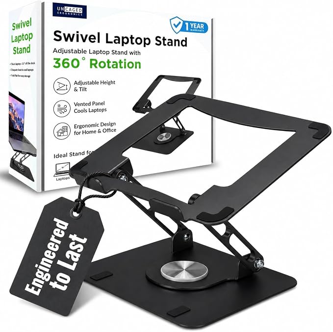 Uncaged Ergonomics Swivel Laptop Stand for Desk, Adjustable Computer iPad Stand for Desk w/ 360 Rotation, Portable Laptop Holder for Home Office Ergonomic Supplies (Black)