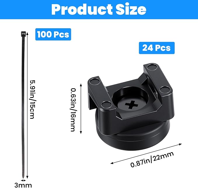 Molain Magnetic Zip Tie Mounts, 24Pcs Magnetic Clips with 100Pcs Magnetics Cable Ties, Heavy Duty Magnetics Wire Holder for Cable Management