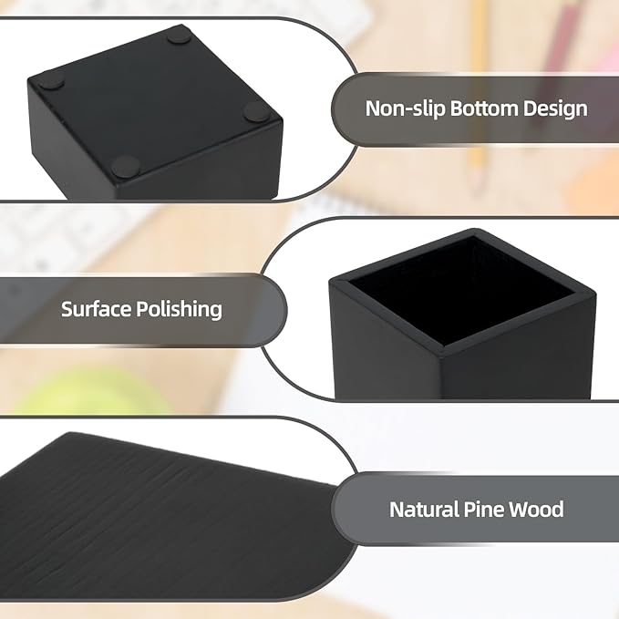 RAWILL 3 PCS Black Wooden Desk Organizer Set, Pine Wood Office Desk Accessories with Pen Holder, Paperclip Storage and Sticky Note Holder,Wood Grain Clear, Ideal Gift for Office and Family