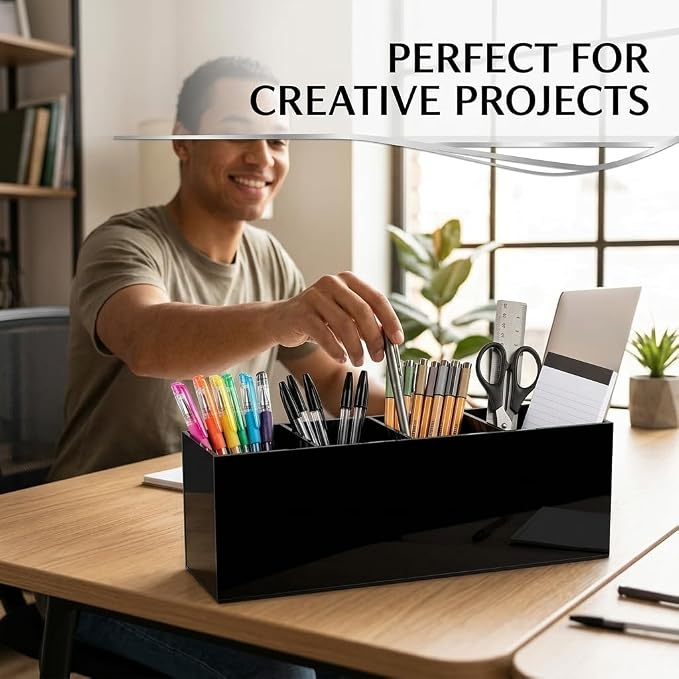 4 Compartment Black Acrylic Pen Holder for Desk, Large Desktop Organizer & Pencil Cup, Makeup Brush Holder for Countertop, Multi-functional Pen Pencil Brushes Holders Caddy (Opaque Black)
