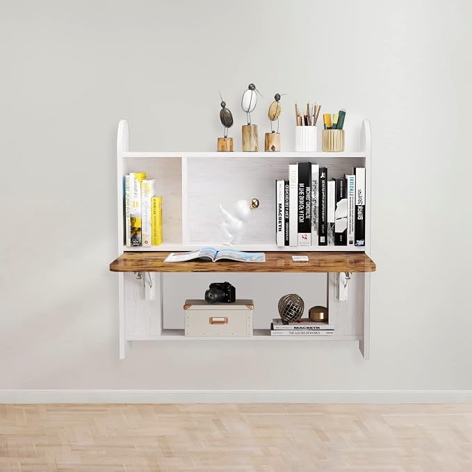 Wall Mounted Drop-Leaf Table, Floating Laptop Desk, Folding Table with Shelves, Multifunctional Computer Workstation with Storage Compartments in Home Office for Space Saving (Grayish White)