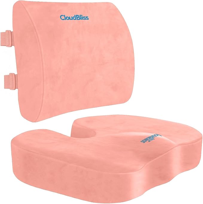 CloudBliss Lumbar Support Pillow & Seat Cushion Set for Office Chair, Desk Chair, Wheelchair & Car – Memory Foam Back Support, Ergonomic Chair Cushions, Sciatica Pain Relief, Home Essentials, Pink