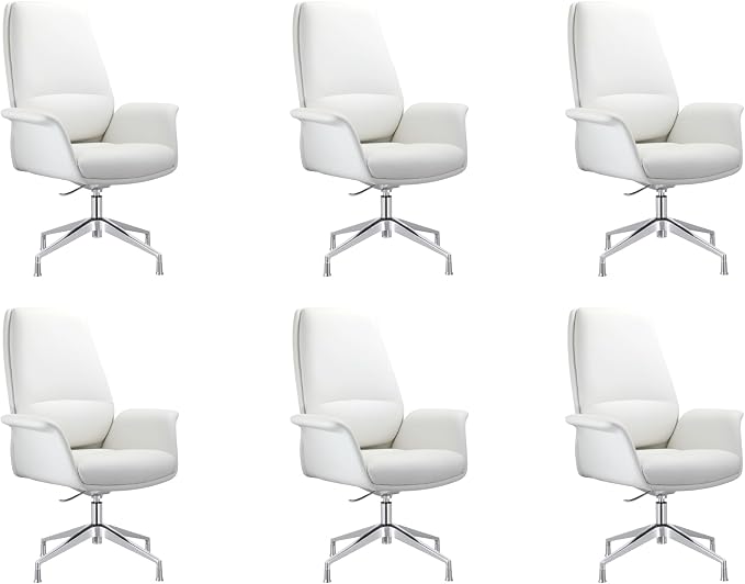 LeisureMod Mid-Century Modern Swivel Office Chair, Adjustable Height with Faux Leather Seat and Aluminum Frame (White, Set of 6)