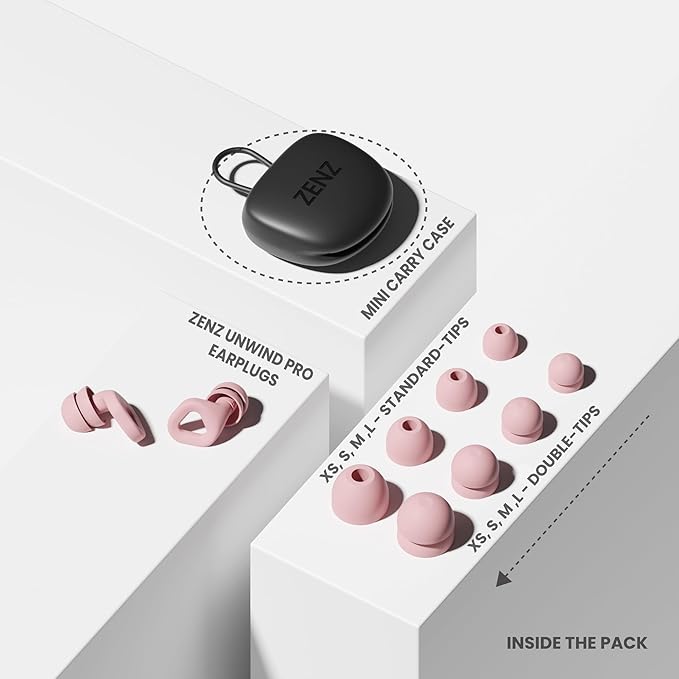 Zenz Unwind Pro Ear Plugs for Sleeping Noise Reduction – Soft Silicone Reusable Earplugs for Sleep, Focus & Work – 35dB Noise Reduction with Storage Case – XS/S/M/L Eartips (Mystic Pink, One Size)