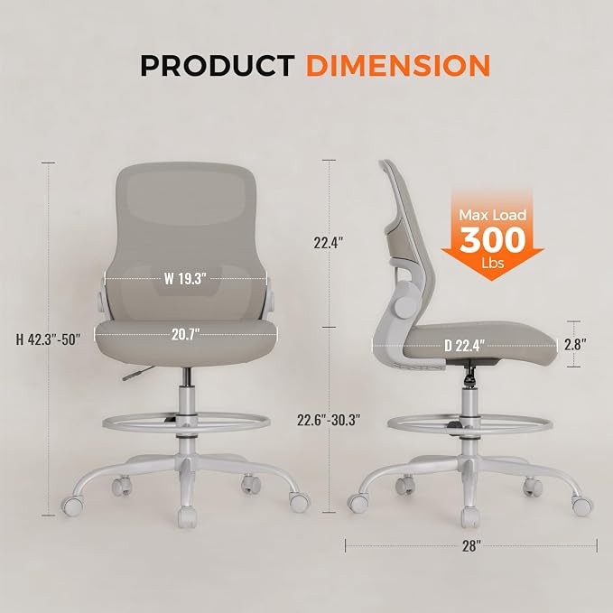 Armless Drafting Chair, Tall Office Chair for Standing Desks | A foot ring steadies legs through crafting and studio projects; breathable lumbar mesh and silent casters fit compact spaces.