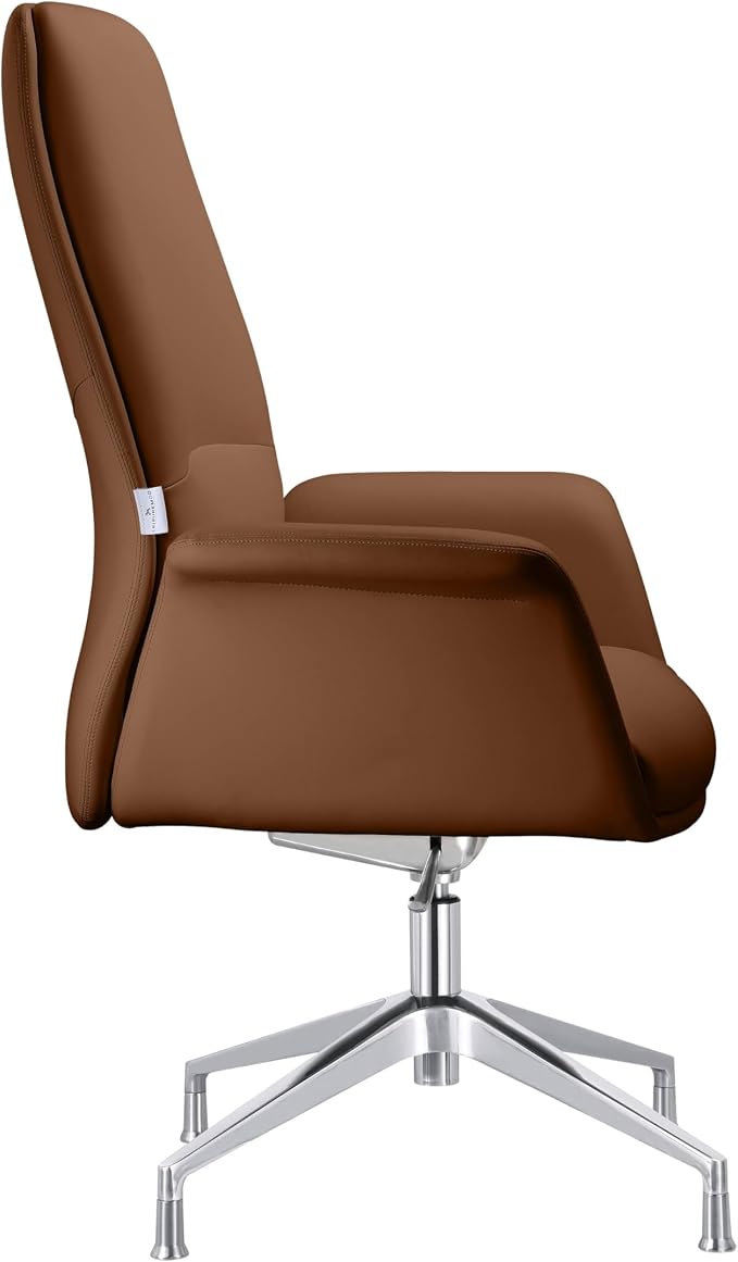 LeisureMod Mid-Century Modern Swivel Office Chair, Adjustable Height with Faux Leather Seat and Aluminum Frame, Dark Brown