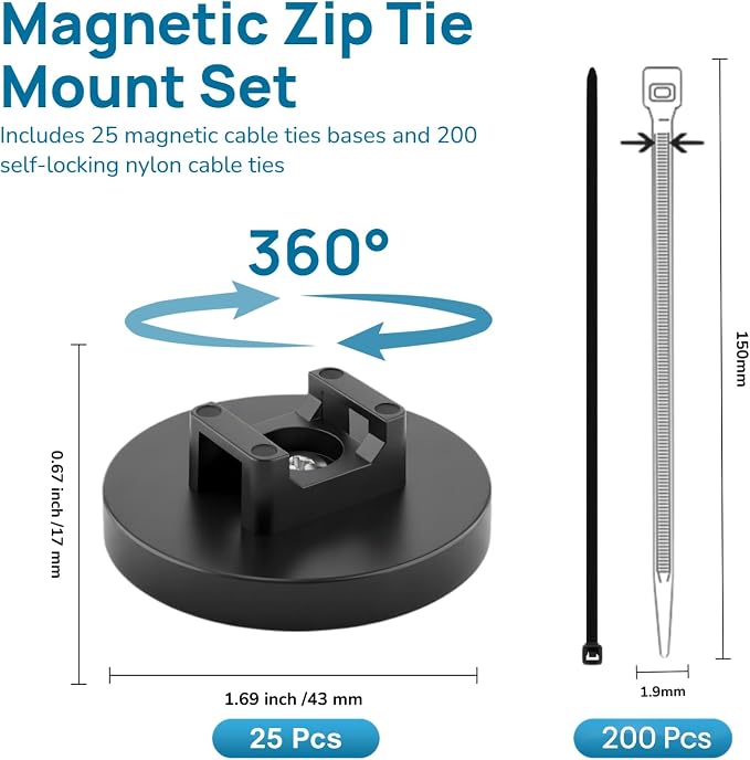 225 Pieces Magnetic Zip Tie Mount Set, 25 Magnetic Cable Tie with 200 Cable Ties, Strong Wire Management Cables Holder, Multipurpose Electrical Cord Holders Organizer (43mm)