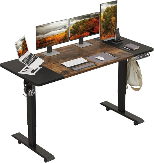Height Adjustable Electric Standing Desk, 55X24 Height Stand Up Computer Desk,Sit and Stand Home Office Desk with Splice Board (Black+Brown Top, Black Frame)