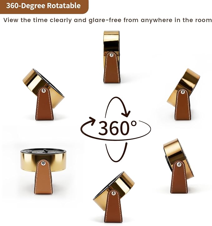 Analog Alarm Clock - 4.5" Silent Non Ticking Small Clock with Light, Rotatable Stand Metal Desk Clock Battery Operated, Simple Design for Living Room Decor/ Bedroom/Bedside/Shelf (Gold & Brown)
