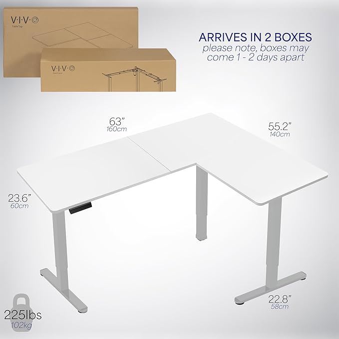 VIVO Corner Standing Desk, 63 x 55 inch Reversible L-Shaped Workstation, Electric Height Adjustment, Home, Office, and Reception Rooms, White Table Top Gray Frame, DESK-E3CTGW