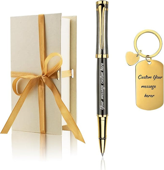 Yastar Personalized Gift Pen with Custom Keychain, Fancy Business Gift set with 2 extra Black Ink Refills Quality Pens Metal Body - Custom with Names Message - Giftfor Family Colleague Elder Friends