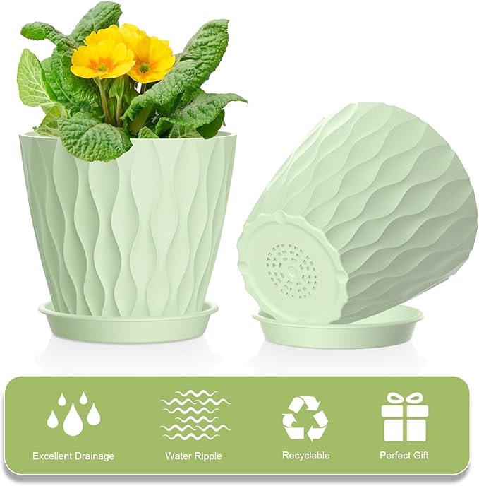 UOUZ 4 Inch Small Pots for Plants, 6 Pack Waffle Texture Small Plant Pots for Succulents, Plastic Planter with Drainage Holes and Saucers for Indoor Outdoor Plants, Flowers, Herbs, Seedlings, Green