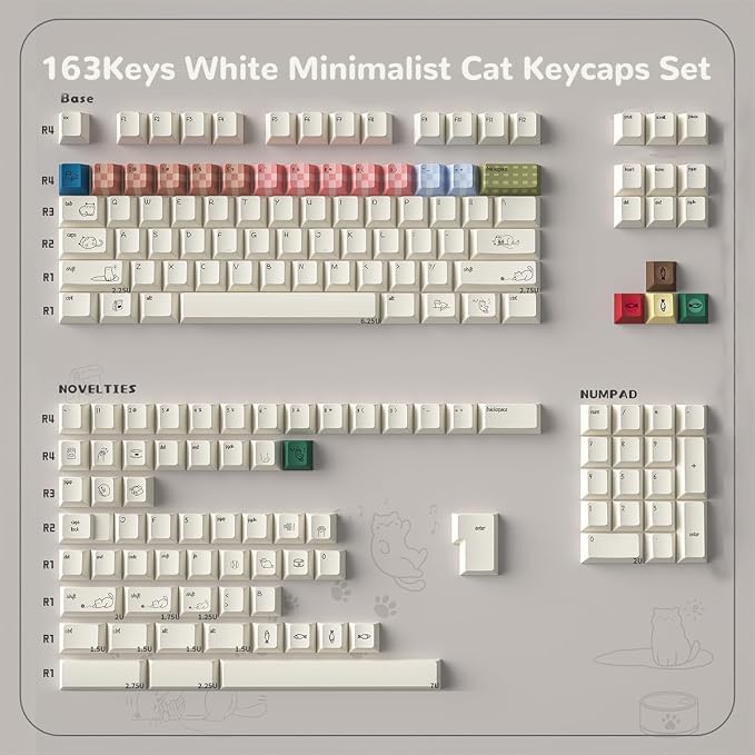 PBT Cat Keycaps, White Minimalist Keycap, 163 Keys Cherry Profile Keyboard Keycaps Set, Cute Cat Dye-Sublimation Custom Key Caps for Cherry MX Switches Mechanical Gaming Keyboard