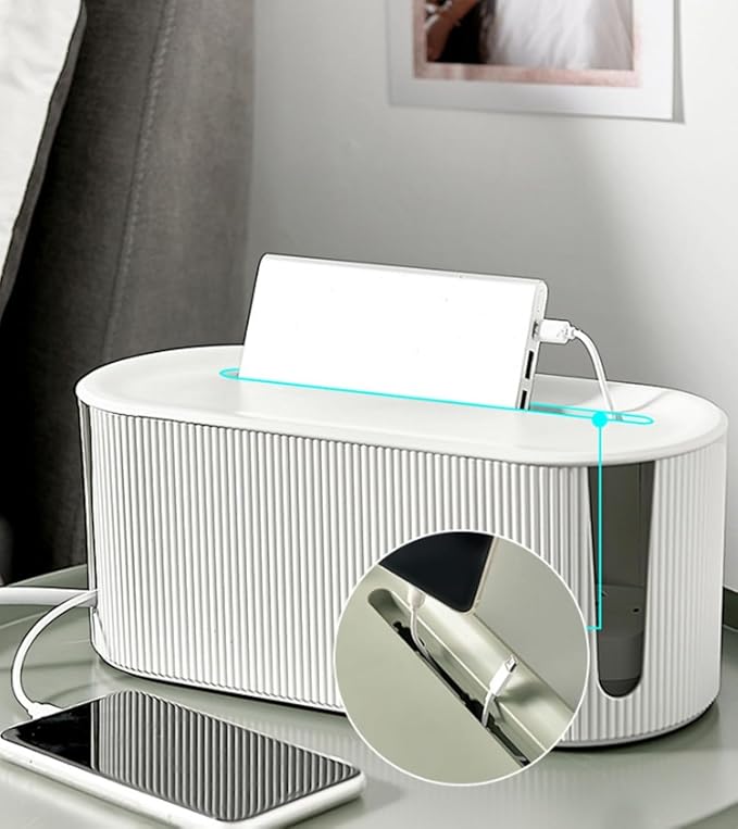 Cable Management Box,Desk Cord Organizer Box with Groove Cover,Plastic Cord Hider Box,Large Cable Box Organizer for Storaging Power Socket/TV/Computer/Router/Games Console Cable (White)
