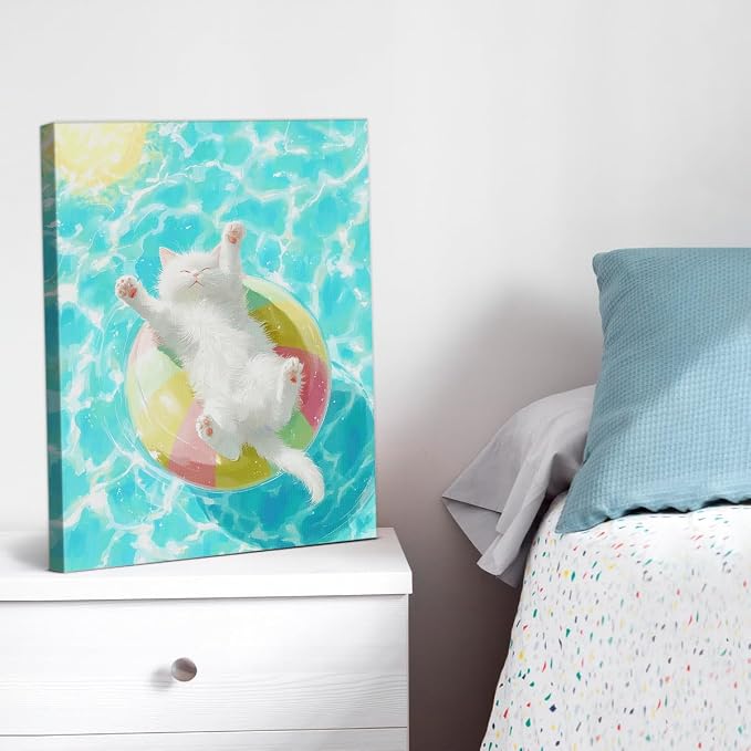 Summer Pool Beach Ball Canvas Wall Decor, Cute Cat Wall Art, Funny White Kitten Floating Water Painting, Aesthetic Animal Wall Art for Bedroom Bathroom Living Room 8x10 Framed