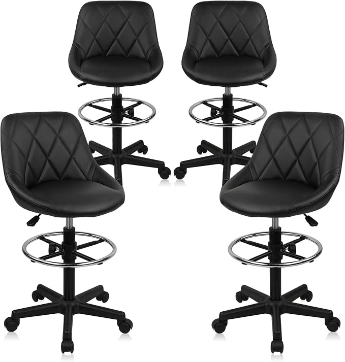 KLASIKA Drafting Chair with Back, Leather Rolling Swivel Stool with Adjustable Height and Footrest, Ergonomic Tall Standing Desk Office Chairs with Wheels for Home Work Shop Kitchen Bar, 4PK