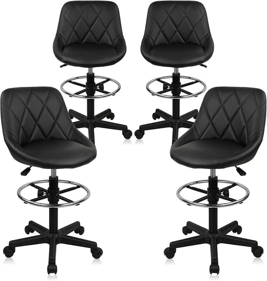 KLASIKA Drafting Chair with Back, Leather Rolling Swivel Stool with Adjustable Height and Footrest, Ergonomic Tall Standing Desk Office Chairs with Wheels for Home Work Shop Kitchen Bar, 4PK