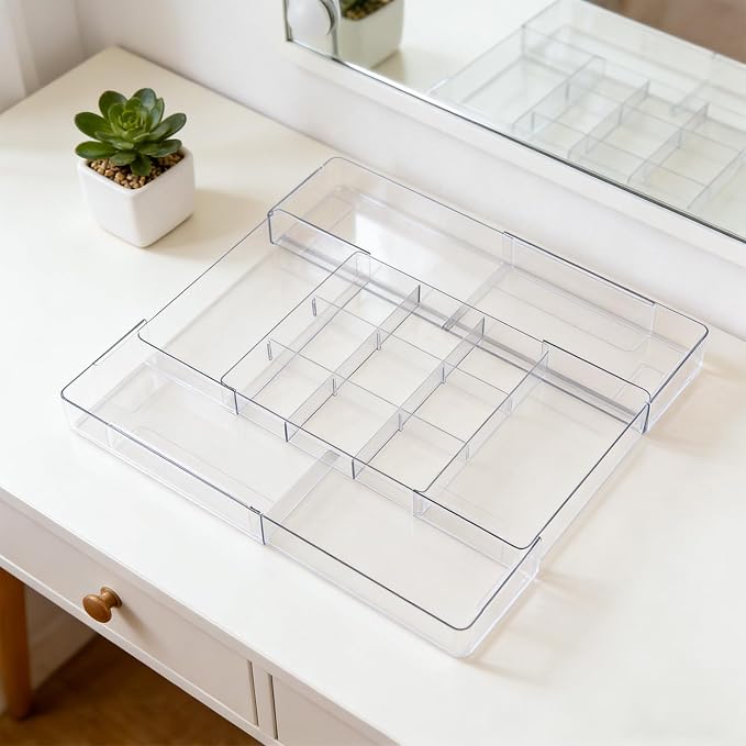 Widousy Acrylic Drawer Organizer, Expandable Drawer Organizer Trays, Desk Organizers and Accessories, Adjustable Compartments Desk Accessories for Makeup Utensil Junk Office Kitchen Bathroom