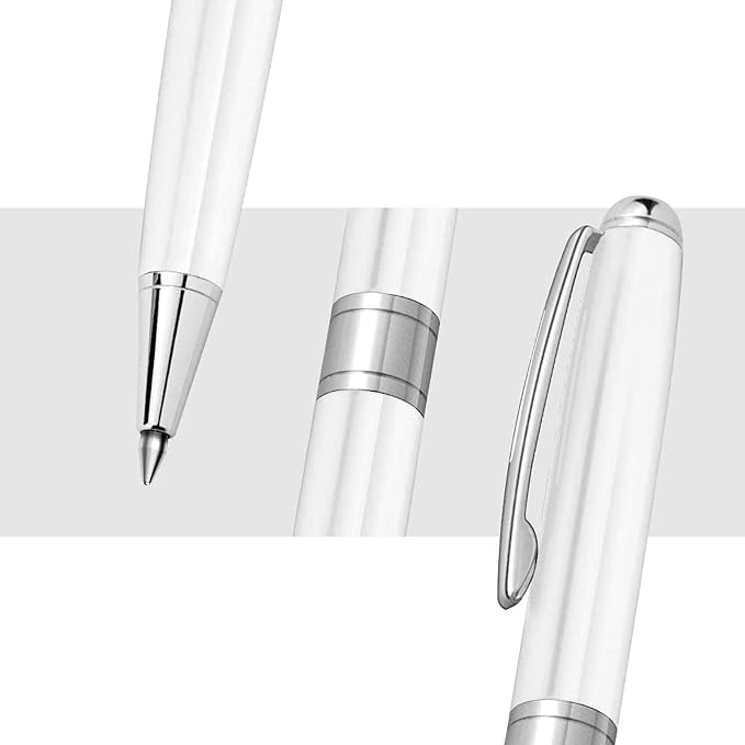 Cambond Ballpoint Pens Black Ink - Weighted Metal Twist White Pens for Police Uniform Flight Attendant Business, 1.0 mm Medium Point Smooth Writing, 3 Pens with 3 Extra Refills (White)