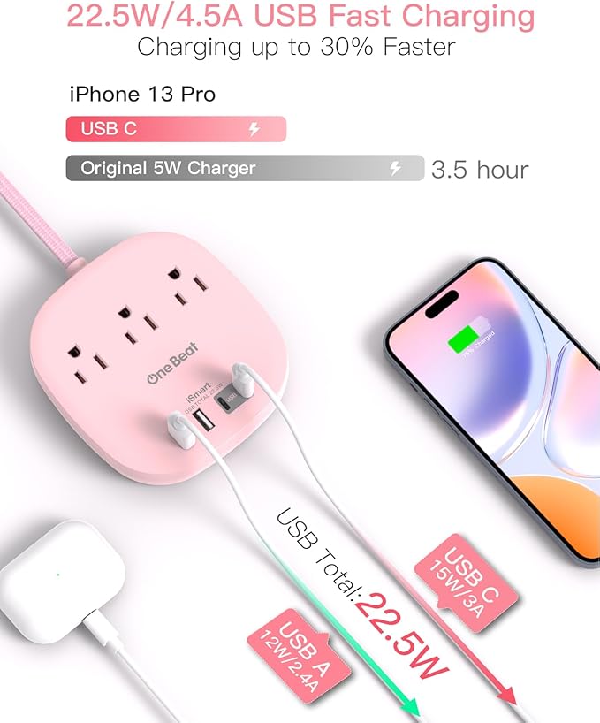 10Ft Flat Plug Power Strip, Pink Flat Extension Cord - 3 Outlets 4 USB Ports (2 USB C) Desktop Charging Station, Cruise Ship Power Strip with No Surge Protection for Travel, Dorm Room Essentials