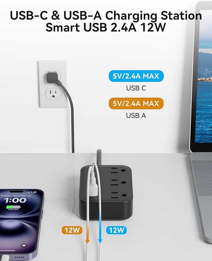 Flat Plug Power Strip with USB C Ports, Black Extension Cord 5FT with 3 AC Outlets 3 USB, Short Extension Cord Outlet Extender with No Surge Protector for Cruise Ship, Dorm Room Travel Essentials