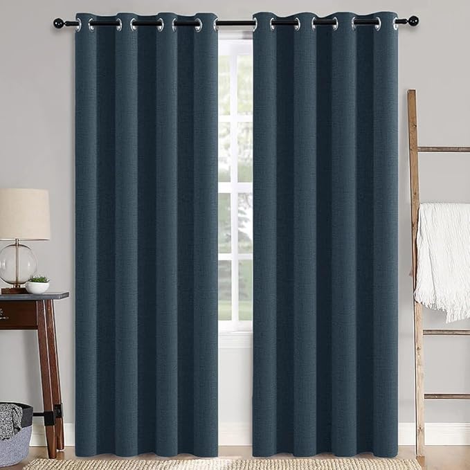 MIULEE 100% Blackout Linen Textured Curtains for Bedroom Solid Thermal Insulated Navy Grommet Room Darkening Curtains & Drapes Luxury Decor for Living Room 52 x 84 Inch (2 Panels)