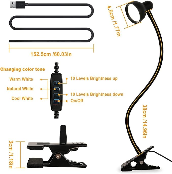 LiFMIRA Clip-on Reading Light - 3 Color Modes, 10 Dimmable Brightness, Eye Care Clamp Desk Lamp with Flexible Gooseneck for Reading in Bed, Desk, Headboard, Computer