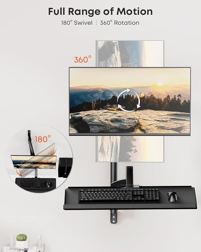 Wall Mount Sit Stand Workstation with Single Monitor Mount, Keyboard Tray and CPU Holder, Height Adjustable Full Motion Arms for 13-32 inch Screens, VESA 75x75, 100x100, Black