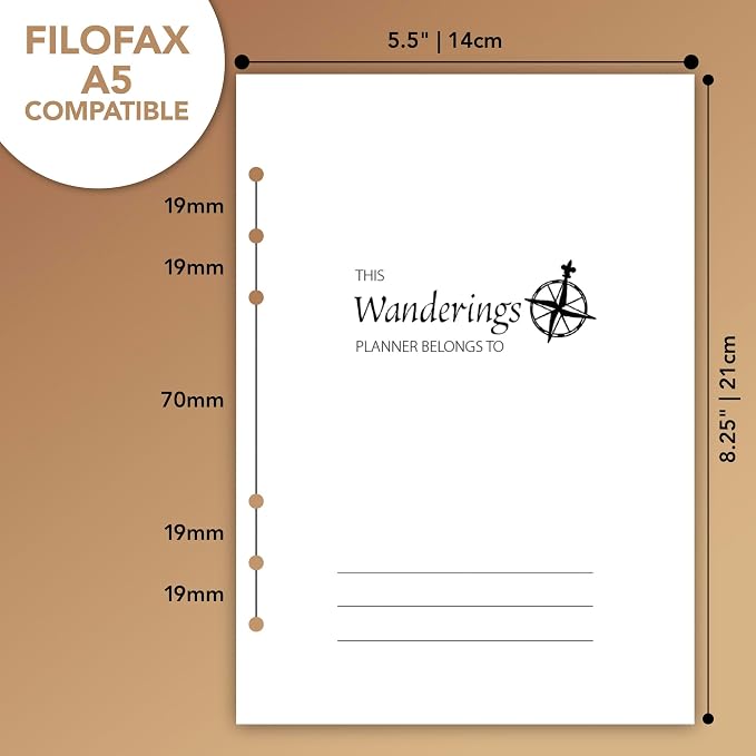 Wanderings Undated Monthly & Weekly Planner Inserts for A5 6-Ring Binder – 12 Months, Jan–Dec | Hourly Weekly Spreads, Contacts & Notes | Filofax Compatible | 120 GSM | 5.5" x 8.25"