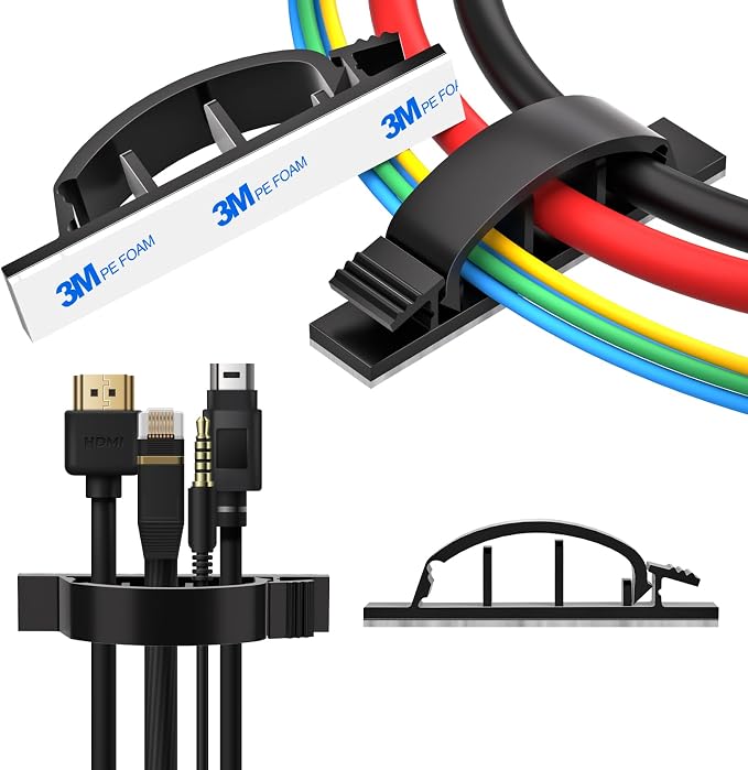 XHF 50pcs Adhesive Cable Wire Clips Black, Outdoor Cable Management Wire Organizer Cord Holder for Under Desk, Car, Wall, TV PC Ethernet Cable