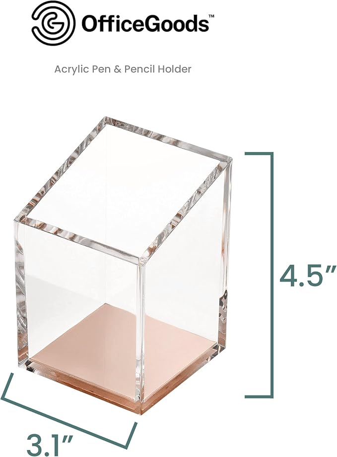 OfficeGoods Acrylic Pen & Pencil Holder - Modern Trapezoid Design - Beautiful Desk Organizer for Home or Office - 3" Square w/ 3.5" Front & 4.5" Back - Clear Rose Gold Metal