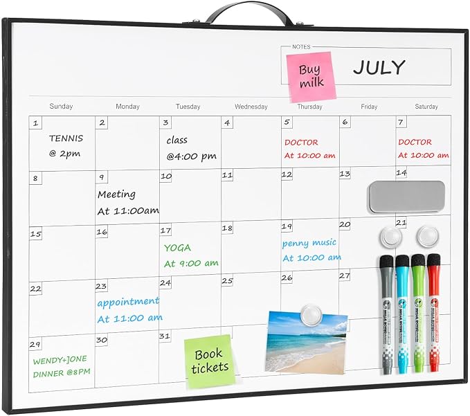 TSJ OFFICE White Board Calendar - 12 X 16 Inches Magnetic Dry Erase Board Monthly Calendar, Double Sided Whiteboard with a Handle, to Do List Notepad for Office, Home, School, Black Aluminum Frame