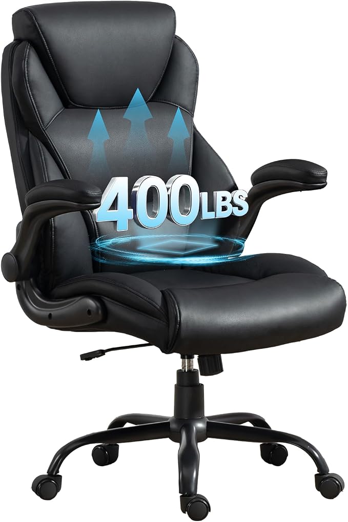 Brage Living Big and Tall Office Chair 400LBS, Heavy Duty Leather Executive Desk Chair with Flip-Up Arms, High Back Swivel Rolling Computer Chair with Rocking Function for Home Office (Black)