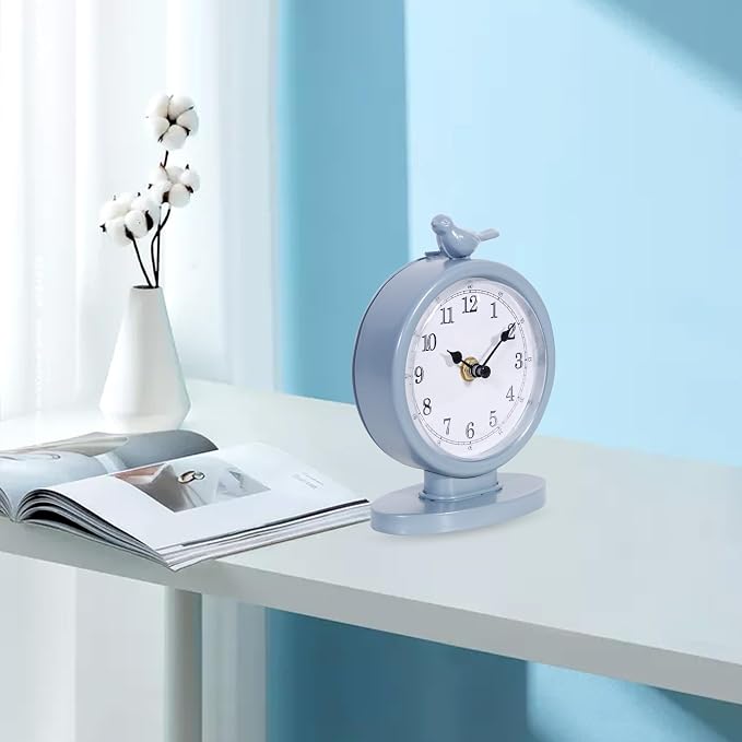 Classic Vintage Analog Mantel Desk Clock, Bright Blue | With Light, Silent Sweep Movement, Decorative Metal, For Living Room Shelf Bedside Home Decor