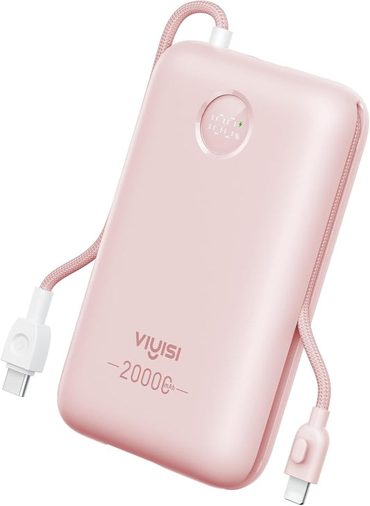 VIYISI Power Bank 20000mAh 30W Fast Charging Portable Charger with Built-in Cables & LED Display, USB C Battery Pack for iPhone 17/16/15/14, Samsung, iPad and Android Phones, Ideal for Travel-Pink
