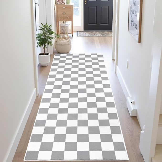 Terrug Grey and White Checkered Area Rug for Kitchen,2x6 Runner Rugs Washable with Non Slip for Bedroom,Soft Low Pile Stain Resistance Retro Carpet for Entryway Hallway