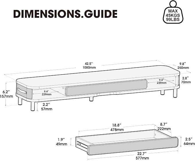 Fenge Dual Monitor Stand with Large Storage Drawer, 42.5" Dsek Shelf, White | Slide-Out Drawer, Ergonomic Monitor Riser, Aluminum leg, 2-Tier Desk Organizer for Laptop, TV, PC