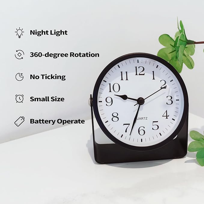 Desk Alarm Clock, Silent Non-Ticking Battery Operated Analog, Black | On-Demand Night Soft Light, 360° Rotatable, Metal Frame, for Bedroom Bedside, Shelf, Mantel, Office Desk, Travel