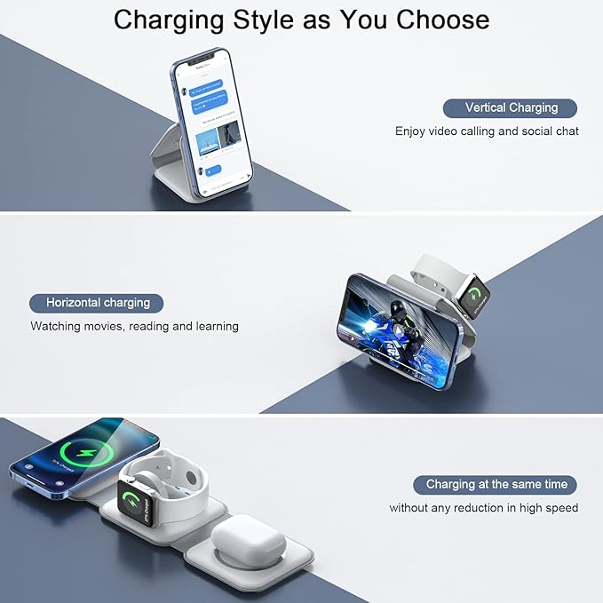 Wireless Charger 3 in 1,RTOPS Magnetic GaN Traval Wireless Charging Station Compatible with Apple Magsafe Multiple Devices for iphone17/16/15/14/13/Pro/Max,iWatch,AirPods4/3/2/Pro(Adapter Includes)