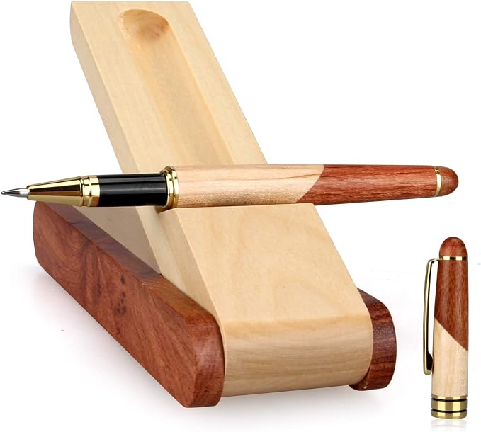 Renawe Best Wooden Gel Pen Gift Set with Handmade Rollerball Designer Pen Holder Box and Refills, Business Ballpoint Pen with Fancy Journaling Pen Display Case