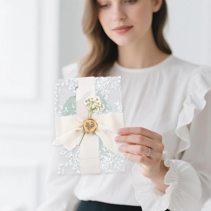 Wedding Invitation Accessories Kit, Pre-Folded Vellum Jackets for 5×7 Invitations with Wax Seal Stickers, Ribbon & Dried Flowers, Elegant Wedding Invitation Accessories for DIY Bridal Invites (White-Rose, 50)