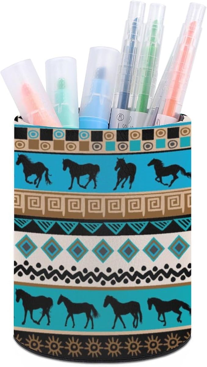 Tribal Aztec Horse Pen Holder for Desk PU Pencil Cup Organizer | Round Desks Makeup Brush Holder for School Multifunctional Office Supplies