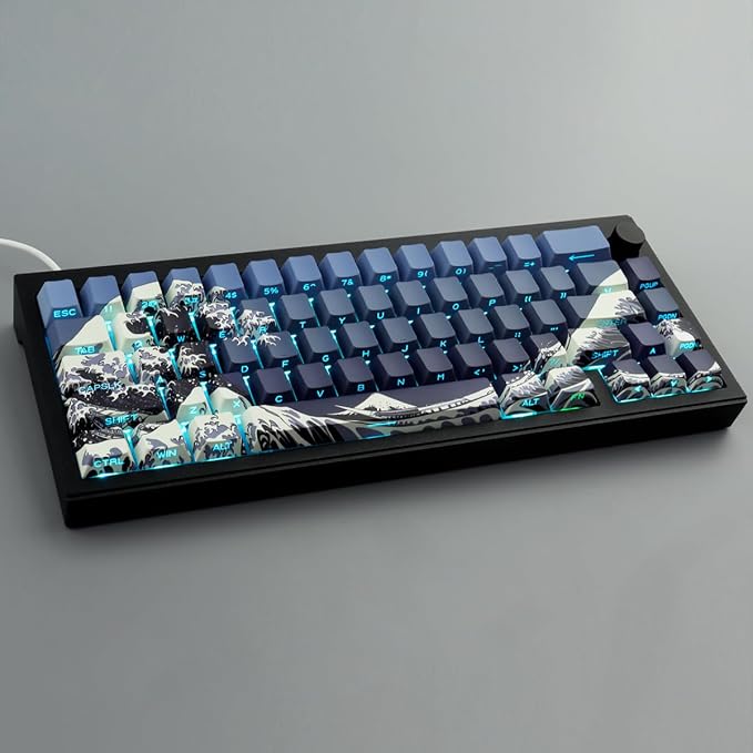 PBT Key caps Custom Cool Wave of Kanagawa Dark Blue Keycaps Keyboard | Tsungup Keycaps 75 Percent,131 Keys Dye Sub Side Print Shine Through Keycap Set,Cherry Key Caps for Mechanical Keyboard