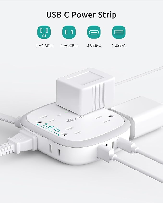NUTICT Outlet Cover Extension Cord, Flat Plug Power Strip 15ft, 8 Outlets (4-2Pin)& 4 USB Ports (3 USB C), 13A/1625W, 1440J Surge Protector, Wall Mountable, Ideal for Home Improvement, Tight Spaces