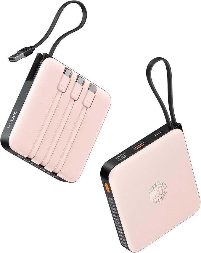VRURC 20000mAh Power Bank Built-in Cables, Travel Essentials, Portable Charger 22.5W Fast Charging USB C Battery Pack, Phone Battery Bank for iPhone 17/16/15 Series, Android Phone - Pink(1 Pack)