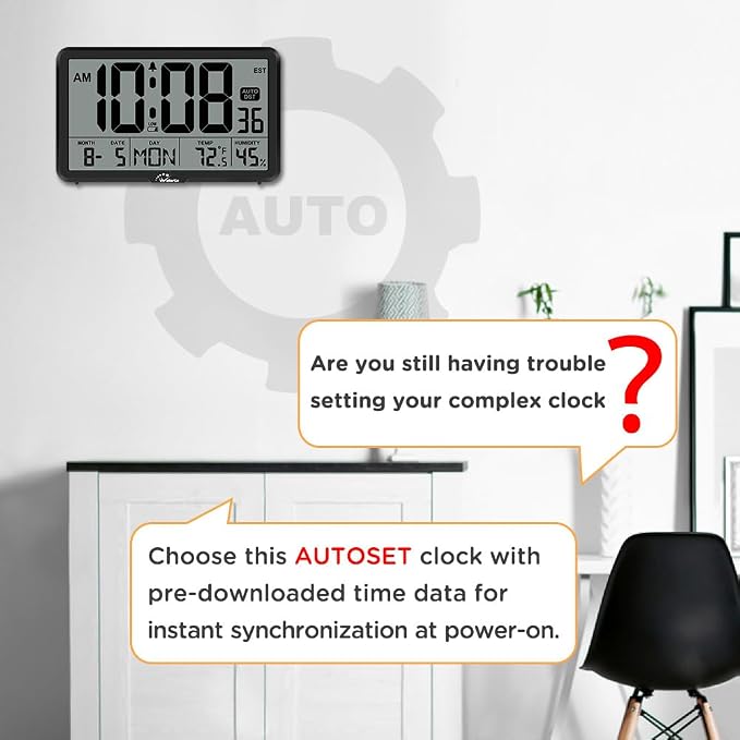 WallarGe Auto Set Digital Wall Clock Battery Operated, Auto DST | Desk Clock with Temperature, Humidity and Date, Large Display Digital Calendar Alarm Clock for Bedroom, Office, Classroom
