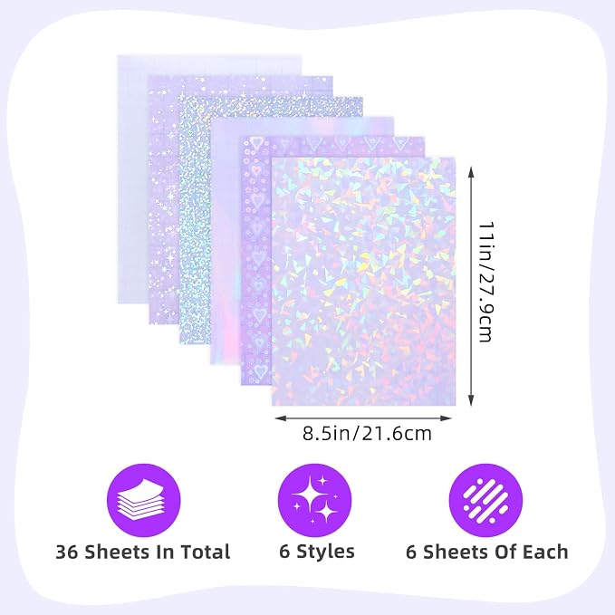 36 Sheets Holographic Laminate Sheets 8.5x11 inch 6 Patterns | Transparent Self Adhesive Holographic laminating Sheets, Clear Vinyl Waterproof Overlay for Sticker Paper, Photos, Crafts