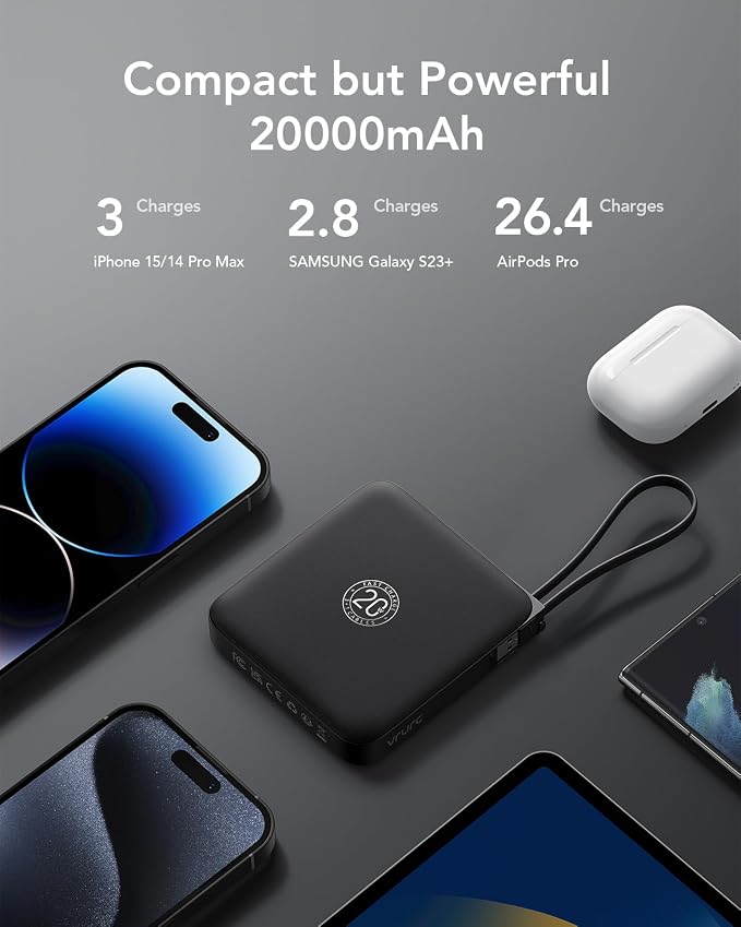 VRURC 20000mAh Portable Charger 20W Fast Charging with Built-in 4 Cables | Travel Essentials, Battery Pack Power Bank for iPhone 17/16/15 Series, Samsung Galaxy S26 Series Android Phone, Black