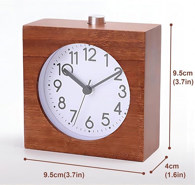 Wooden Analog Alarm Clock Silent Battery Operated with Night Light | Wood Body Non-Ticking for Tabletop Bedroom Bedside Heavy Sleepers Brown