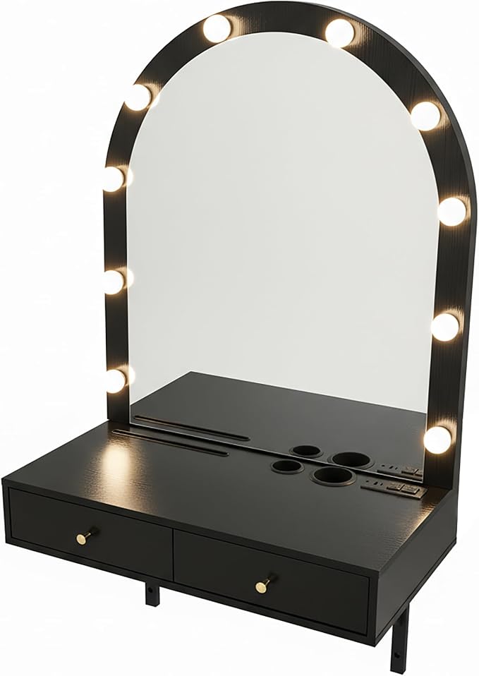 Merax Black Floating Vanity Desk Vanity Mirror with Lights, 3 Color Adjustable, 2 Storage Drawers & Charging Station, Wall-Mounted Makeup Vanity Shelf for Bedroom Hairdressers, 31" D x 54" H